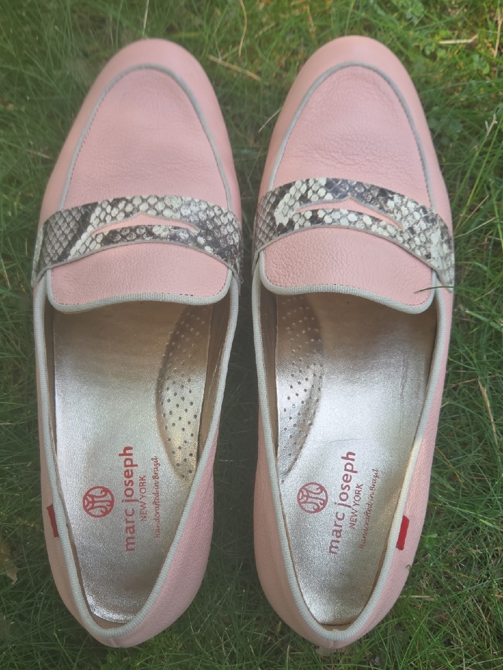 Marc Joseph New York Bryant Park Pink Leather Loafers with Snakeskin Print Sz 9